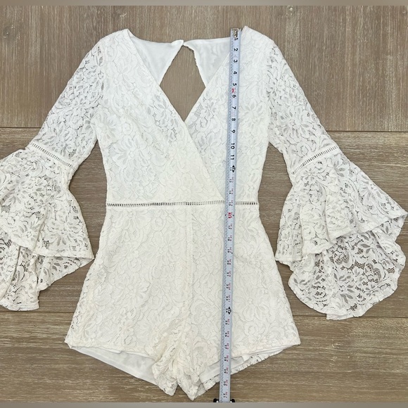 Lulus Lace Bell Sleeve Romper White Faux Wrap S - Picture 16 of 16